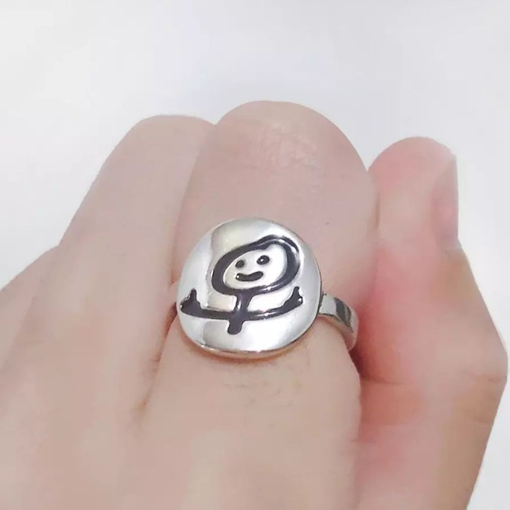 Silver titanium Doodle guy flipping the bird middle finger humor ring new